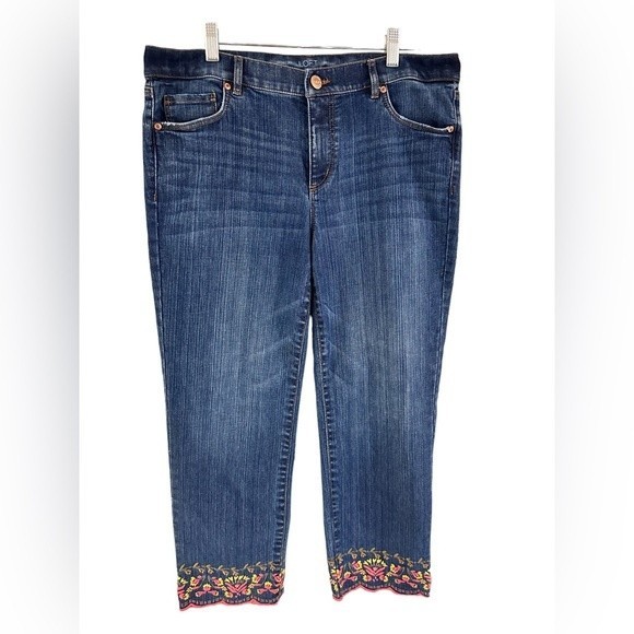 Ann Taylor Loft Embroidered Floral Cropped Denim Blue Jeans, Women's Size 10 - Picture 7 of 9